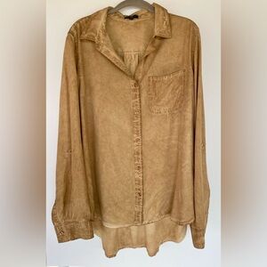 VELVET HEART Women’s Long Sleeve Button Down Top Tan Multi Size XL Boho Beach